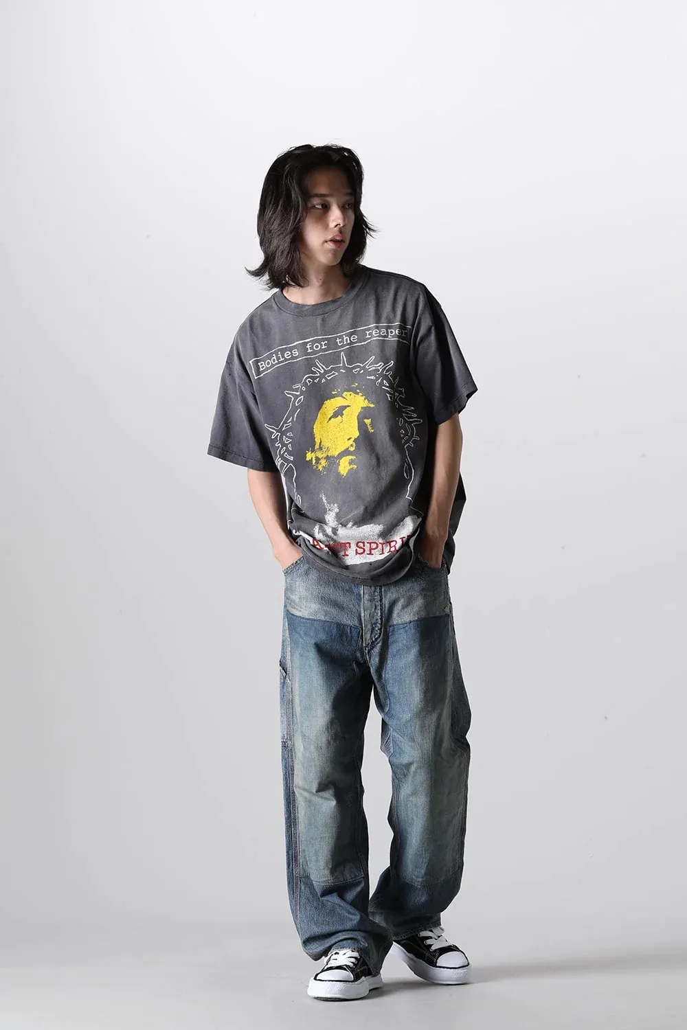 SAINT MICHAEL SS TEE/B FOR REAPER Jesus Hell's Angels Washed and Distressed Short Sleeves Washed Black S-XL Garment Dyed Printed Washed and Distressed